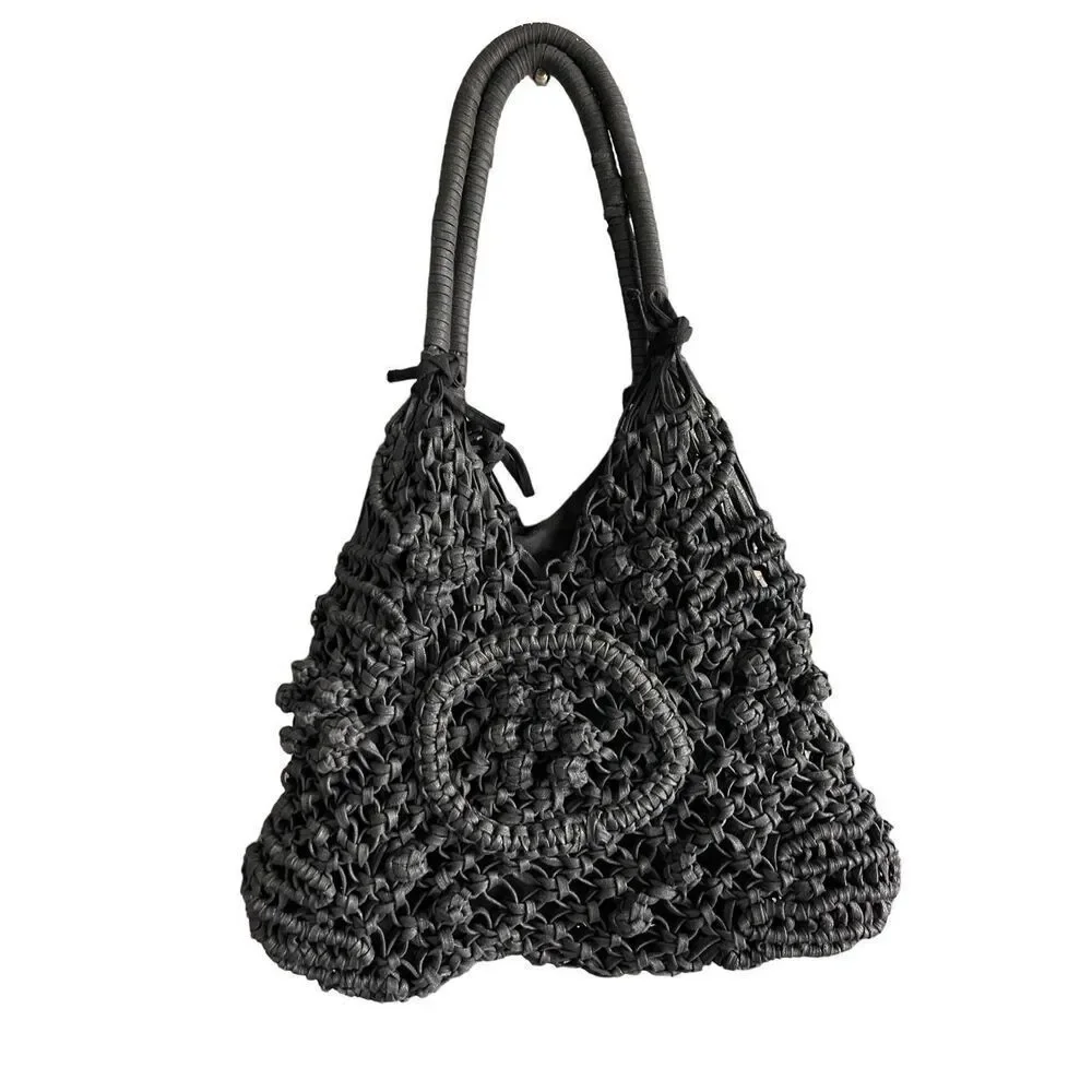Clever Carriage Company Womens Black Crocheted Positano Hand Macrame Satchel Bag